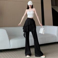 批发荷叶边假两件微喇叭裤裙女春夏2026新款时尚洋气高腰休闲<b class='q'>拖地</b>长裤