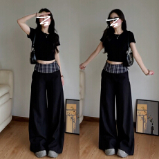批发黑色<b class='q'>格子</b>拼接<b class='q'>西装</b>高级感休闲阔腿裤女夏季慵懒风新款宽松垂感长裤
