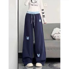 批发韩女慵懒宝蓝色蝴蝶贴布刺绣休闲裤女秋<b class='q'>冬</b>加绒宽松阔腿垂感卫裤