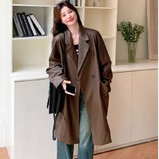 批发咖色高级感中<b class='q'>长款</b>西装pu皮衣外套女2026春季新款宽松休闲气质风衣