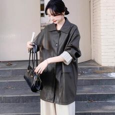 批发早春新款美式复古做旧蛋白皮<b class='q'>皮衣</b>中长外套女2026<b class='q'>机车</b>风衣PU皮夹克