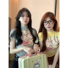 批发纯欲甜辣妹猫咪印花高领正肩短袖T恤女夏季修身短款黄色正肩上衣