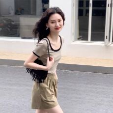 批发2026新款40支纯棉210克（92棉/8氨纶）短袖T恤女撞色