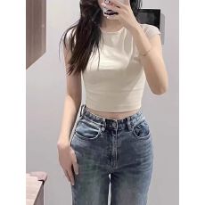 批发2026新款40支纯棉210克（92棉/8氨纶）纯色短袖T恤女高腰短款