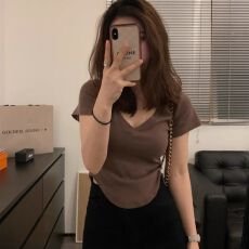 批发2026新款40支纯棉210克（92棉/8氨纶） V领短袖T恤女短款