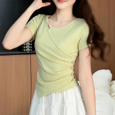 批发2026年大码女装假两件拼接印花方领短袖t恤夏新款胖mm巨显瘦上衣