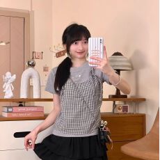 批发2026年夏季新款格栅圆领短袖T恤绑带假两件女款星星正肩修身上衣