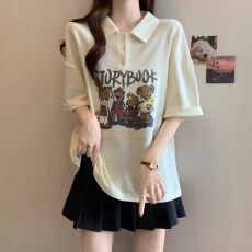 批发小熊卡通图案polo领正肩短袖T恤女2026年夏季新宽松遮肚显瘦上衣