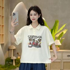 批发2026年大码女装卡通小熊印花短袖T恤女夏季新款宽松显瘦翻领上衣