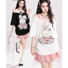 批发2026年可爱露肩假两件甜美短袖T恤女夏季新款宽松设计感卡通上衣