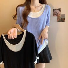 批发大码女2026年夏季新款宽松假两件圆领短袖T恤中长款正肩显瘦上衣