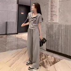 批发运动休闲套装女夏季2026年新款微胖连帽显瘦洋气短袖阔腿裤两件套