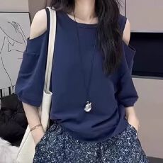 批发2026年新款大码纯欲圆领露肩短袖t恤女夏季胖mm宽松遮肉显瘦上衣