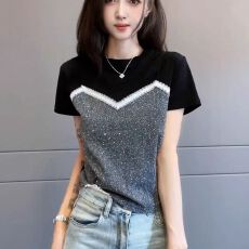 批发2026夏季新款圆领正肩时尚拼接撞色短袖T恤女减龄休闲假两件上衣