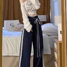 批发2026锦涤皱洋气<b class='q'>女</b>蕾丝花边拼接休闲裤<b class='q'>女</b>秋新款宽松阔腿休闲百搭长