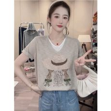 批发2026年卡通帽子女孩拼接假两件短袖t恤女夏季新宽松显瘦百搭上衣