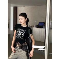 批发辣妹蕾丝飘带拼接圆领短袖T恤女夏季2026年新款百搭修身短款上衣
