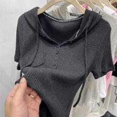 批发短袖T恤女夏装新款韩版2026年织带连帽衫坑条休闲<b class='q'>白色</b>修身上衣女