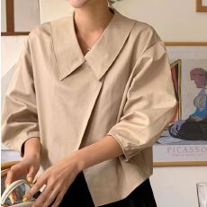 批发春夏韩国chic法式设计感翻领不规则交叉宽松百搭长袖风衣短外套女