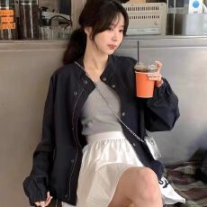 批发春夏韩国chic小众百搭立领暗扣宽松休闲小个子长袖拉链夹克外套女