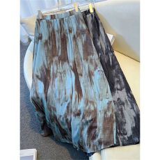 批发<b class='q'>复古</b>水墨扎染百褶半身裙女夏垂感褶皱感晕染皱皱网纱A字大摆长裙