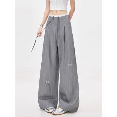 批发【原版内包边】 美式灰色条纹蝴蝶结西装裤<b class='q'>高腰</b>宽松阔腿休闲裤