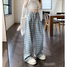 批发【实拍 内包边】蓝色格子阔腿裤女夏季新款<b class='q'>高腰</b>宽松直筒休闲裤子