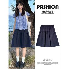 批发日系藏青色半身裙女夏季2025新款高腰显瘦学院风a字裙<b class='q'>中长款</b>伞裙