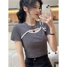 批发220克螺纹】<b class='q'>欧美</b><b class='q'>风格</b>女装短款上衣辣妹穿搭设计假两件短袖T恤