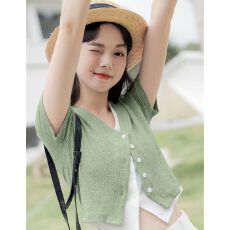 批发仿棉螺纹】假两件单排扣不规则<b class='q'>T</b><b class='q'>恤</b><b class='q'>女</b>百搭夏装设计感小众上衣