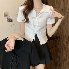 批发【仿棉螺纹】正肩polo领短袖<b class='q'>t</b><b class='q'>恤</b><b class='q'>女</b>夏季胖mm显瘦蝴蝶结短款上衣