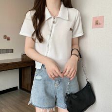 批发【 纯涤螺口】polo领正肩短袖<b class='q'>t</b><b class='q'>恤</b><b class='q'>女</b>夏季洋气设计感胖mm短款上衣