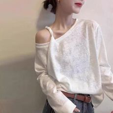 批发雪花棉斜肩露肩长袖T恤女早秋<b class='q'>韩版</b>宽松显瘦内搭打底衫设计感上衣