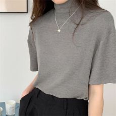 批发官图简约纯色高领五分袖T恤女夏季<b class='q'>韩版</b>宽松显瘦内搭打底衫上衣