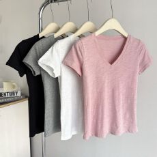 批发实拍正肩V领短袖T恤女夏季修身<b class='q'>韩版</b>竹节棉打底衫内搭简约半袖上衣