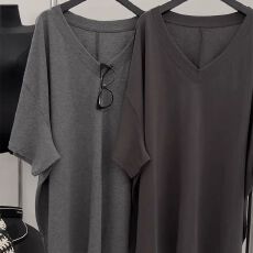 批发大领口V领短袖T恤女夏季韩版宽松<b class='q'>大码</b>中长款打底衫慵懒风纯棉上衣