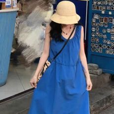 批发法式少女温柔风蓝色<b class='q'>连衣裙</b>女夏季新款简约抽褶花边收腰显瘦<b class='q'>连衣裙</b>