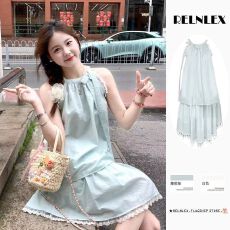 批发原版做法有内里森系气质两件套无袖吊带背心蝴蝶结半身裙海岛套装