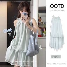 批发原版做法有内里薄荷曼波风挂脖背心上衣裙子套装小个子甜美两件套