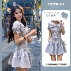 批发原版做法有内里法式茶歇蕾丝花边双层领短衬衫+<b class='q'>荷叶边</b>A字短裙套装