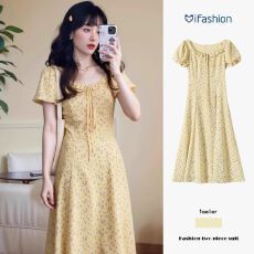 批发法式<b class='q'>荷叶边</b>泡泡袖黄色碎花连衣裙子女夏季2026新款设计感收腰长裙