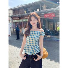 批发【原版品质+拉链内里】蓝色格纹一字肩<b class='q'>衬衫</b>女夏季<b class='q'>修身</b>显瘦上衣