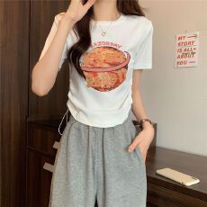 批发【实拍 仿棉螺纹】抽绳美式大码<b class='q'>字母</b>印花短袖<b class='q'>t</b><b class='q'>恤</b>正肩短款上衣夏