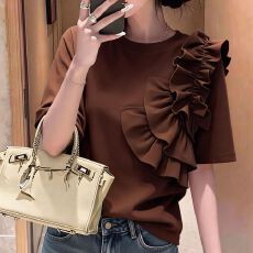 批发设计感立体褶皱花边短袖t恤女2026夏季新款韩版宽松时尚洋气上衣