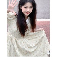 批发茶褐法式娃娃领碎花连衣裙女夏季新款甜美收腰学院风小清新中<b class='q'>长裙</b>