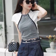 批发2026年夏季新款气质撞色拼接短袖T恤女修身显瘦百搭时尚短款上衣