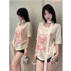 批发2026年夏日ootd穿搭蝴蝶印花短袖t恤女新款独特别致飘带褶皱上衣