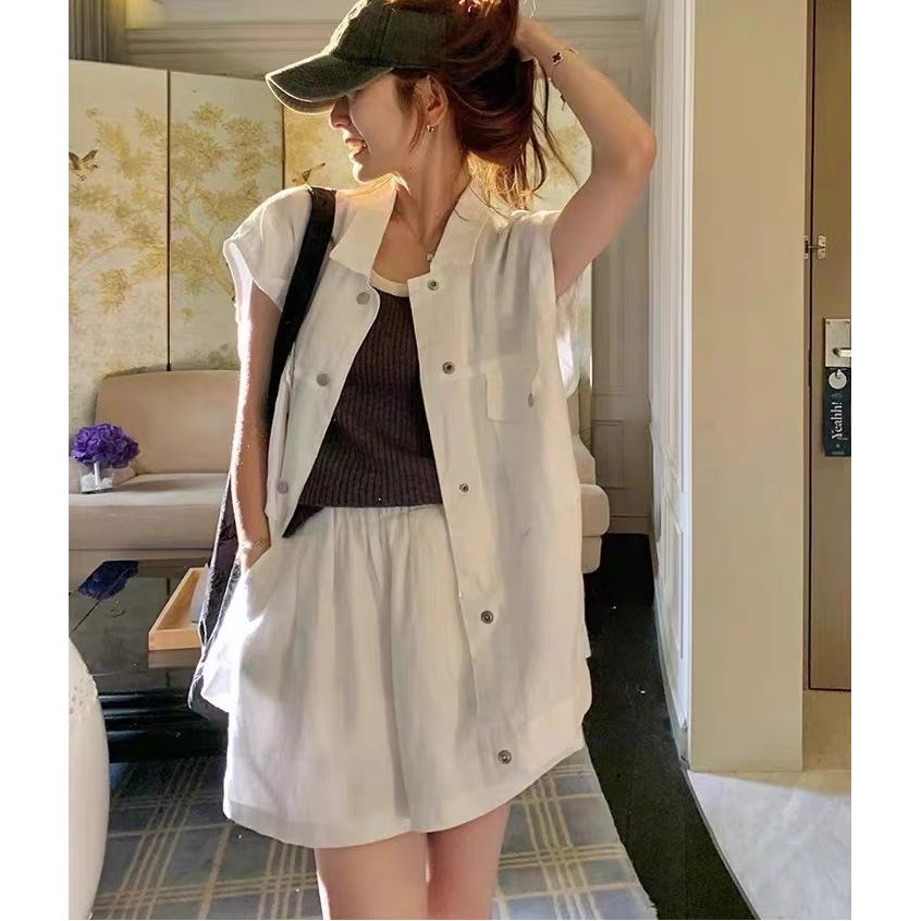 한국 워크웨어 바람 민소매 조끼 오픈 가디건 맨위 여성 주머니 폴로 칼라 루즈핏 슬림해 보이는 다용도 넓은 다리가 짧다. 바지 세트