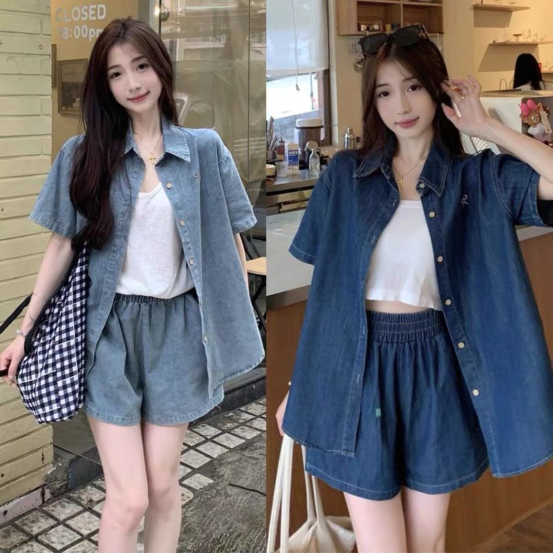 26 빅 사이즈 자수 모방 데님 세트 여름 오픈 가디건 맨위 지방 mm 넓은 다리가 짧다. 바지 마이크로 지방 착용 가져 가라. 전체 집합