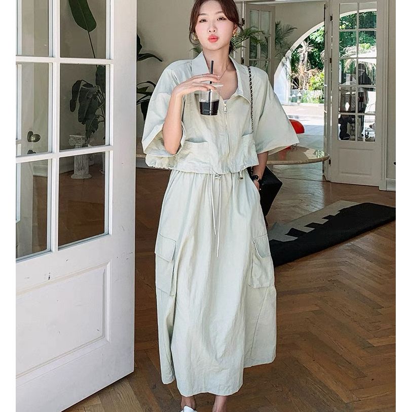 외국 가스 세트 드레스 여성 여름 2026 새로운 레트로 작은 키 캐주얼 워크웨어 얇은 스타일 반 스커트 투피스 세트